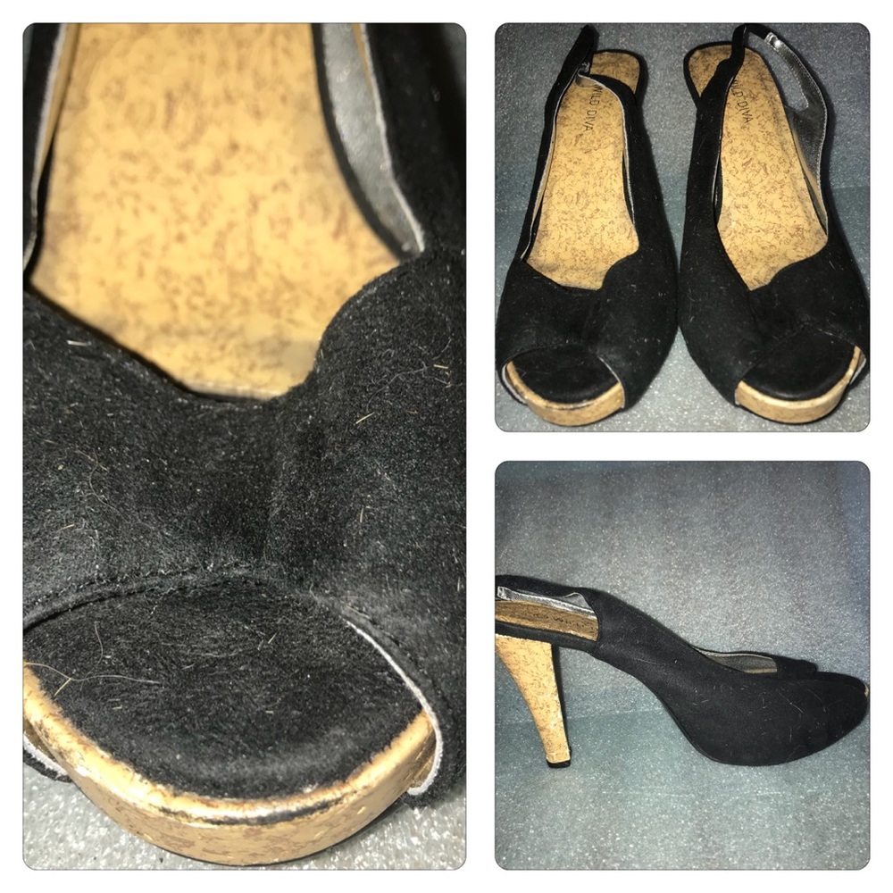 WILD DIVA BLACK SUEDE TOP CORK BOTTOM PEEP TOE SHOES  HEELS WITH WEDGE FRONT